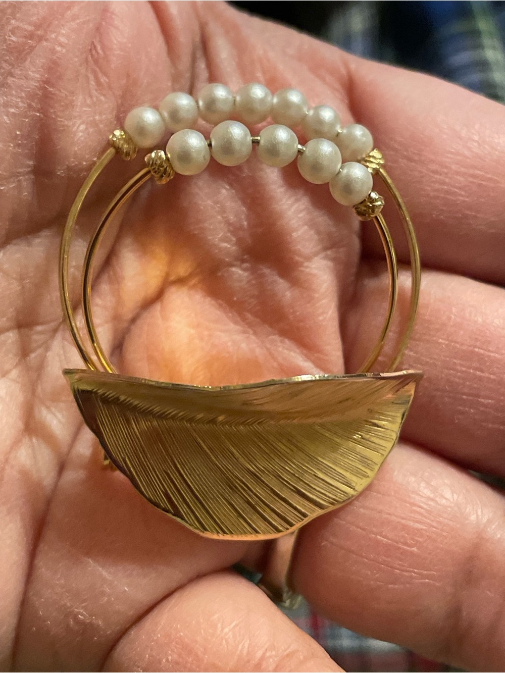 Gold-Tone Leaf Brooch with Pearl Accent - Unbranded